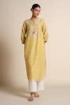 Buy_Grassroot By Anita Dongre_Yellow Chanderi Embroidery Round Neck Kurta _at_Aza_Fashions