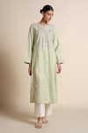 Shop_Grassroot By Anita Dongre_Green Chanderi Embroidery Round Neck Sage Kurta _Online_at_Aza_Fashions