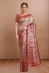 Buy_Samyukta Singhania_Maroon Silk Zari Round Neck Woven Saree Set _at_Aza_Fashions