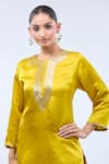 Samyukta Singhania_Yellow Brocade, Linen Embroidery Round Neck Kurta Set _Online_at_Aza_Fashions