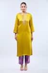 Buy_Samyukta Singhania_Yellow Brocade, Linen Embroidery Round Neck Kurta Set _Online_at_Aza_Fashions