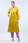 Shop_Samyukta Singhania_Yellow Brocade, Linen Embroidery Round Neck Kurta Set _Online_at_Aza_Fashions