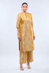 Samyukta Singhania_Mustard Brocade Mandarin Collar Kurta Set _Online_at_Aza_Fashions