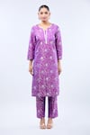 Samyukta Singhania_Purple Brocade Embroidery Round Neck Straight Kurta Set _Online_at_Aza_Fashions