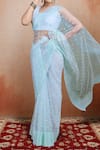 Shop_Samyukta Singhania_Blue Net Sequins Round Neck Work Saree Set 