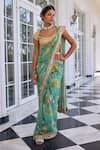 Shop_Kalista_Beige Frida Floral Print Pre-draped Saree Set _Online_at_Aza_Fashions