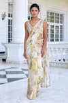 Kalista_Tissue Sequins, Beads, Embroidery Lisa Ecru Floral Pre-draped Saree And Blouse Set _Online_at_Aza_Fashions