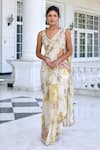 Shop_Kalista_Tissue Sequins, Beads, Embroidery Lisa Ecru Floral Pre-draped Saree And Blouse Set _Online_at_Aza_Fashions