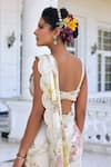 Kalista_Tissue Sequins, Beads, Embroidery Lisa Ecru Floral Pre-draped Saree And Blouse Set _at_Aza_Fashions