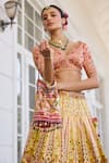 Buy_Kalista_Peach Satin, Silk Embroidery V-neck Nehmat And Yellow Lehenga Set _Online_at_Aza_Fashions