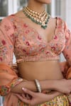 Shop_Kalista_Peach Satin, Silk Embroidery V-neck Nehmat And Yellow Lehenga Set _at_Aza_Fashions