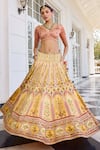 Shop_Kalista_Peach Satin, Silk Embroidery V-neck Nehmat And Yellow Lehenga Set 