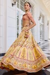 Kalista_Peach Satin, Silk Embroidery V-neck Nehmat And Yellow Lehenga Set _Online