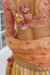 Buy_Kalista_Peach Satin, Silk Embroidery V-neck Nehmat And Yellow Lehenga Set _Online