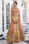Shop_Kalista_Peach Satin, Silk Embroidery V-neck Nehmat And Yellow Lehenga Set _Online
