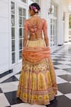 Kalista_Peach Satin, Silk Embroidery V-neck Nehmat And Yellow Lehenga Set _Online_at_Aza_Fashions