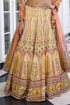 Kalista_Peach Satin, Silk Embroidery V-neck Nehmat And Yellow Lehenga Set 