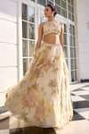 Shop_Kalista_Cream Tissue, Bamboo Beads, Sequins, Juliette Ecru Floral Print Lehenga Set _Online_at_Aza_Fashions