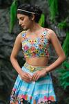 Shop_House Of Akshata_Blue Satin, Organza, Tissue Fabric Flowers, Sequins, Cyan Storyland Lehenga Set _Online_at_Aza_Fashions