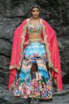 House Of Akshata_Blue Satin, Organza, Tissue Fabric Flowers, Sequins, Cyan Storyland Lehenga Set _Online_at_Aza_Fashions