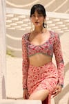 Buy_DiyaRajvvir_Pink Crepe Embroidery Round Neck Printed Asymmetric Crop Top Skirt Set _Online_at_Aza_Fashions