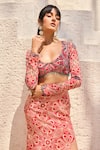 DiyaRajvvir_Pink Crepe Embroidery Round Neck Printed Asymmetric Crop Top Skirt Set _at_Aza_Fashions
