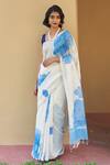Buy_Five Point Five_White Linen Blue Floral Print Saree With Running Blouse _at_Aza_Fashions