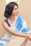 Five Point Five_White Linen Blue Floral Print Saree With Running Blouse _Online_at_Aza_Fashions