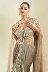 Samyukta Singhania_Green Net Sequins, Beads Sweetheart Neck Border Embroidered Pre-draped Saree Set _Online_at_Aza_Fashions