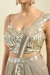 Shop_Samyukta Singhania_Green Net Sequins, Beads Sweetheart Neck Border Embroidered Pre-draped Saree Set _Online_at_Aza_Fashions