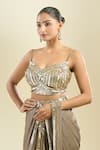 Samyukta Singhania_Green Net Sequins, Beads Sweetheart Neck Border Embroidered Pre-draped Saree Set _at_Aza_Fashions