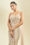 Samyukta Singhania_Beige Georgette, Net Sequins Sweetheart Neck Embroidered Saree Gown _Online_at_Aza_Fashions