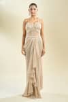Buy_Samyukta Singhania_Beige Georgette, Net Sequins Sweetheart Neck Embroidered Saree Gown _Online_at_Aza_Fashions