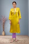 Buy_Samyukta Singhania_Yellow Brocade, Linen Embroidery Round Neck Kurta Set _at_Aza_Fashions