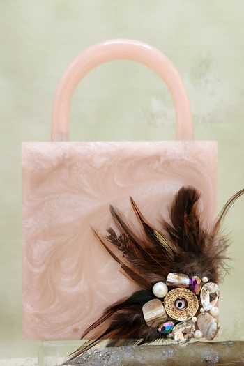 Buy_Adwita Bags & Jewels_Pink Embroidery, Feathers Evil Eye Brooch And Embellished Bag _at_Aza_Fashions