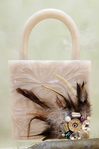 Buy_Adwita Bags & Jewels_White Crystals Evil Eye Brooch And Feather Embellished Resin Bag _at_Aza_Fashions