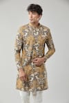 Arihant Rai Sinha_Brown Floral Print Semi Indo Sherwani Set _Online_at_Aza_Fashions
