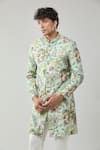 Arihant Rai Sinha_Green Floral Print Semi Indo Sherwani Set _Online_at_Aza_Fashions