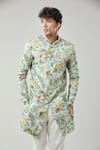 Buy_Arihant Rai Sinha_Green Floral Print Semi Indo Sherwani Set _Online_at_Aza_Fashions