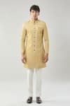 Shop_Arihant Rai Sinha_Yellow Woven Suede Sherwani And White Pollo Pant 