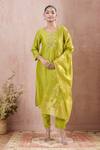 Buy_Samyukta Singhania_Yellow Embroidery Round Neck Gaji Silk Kurta Set_at_Aza_Fashions
