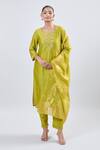 Samyukta Singhania_Yellow Embroidery Round Neck Gaji Silk Kurta Set_at_Aza_Fashions