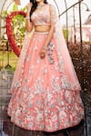 Shop_Samyukta Singhania_Peach Net Tassels, Sequins, Embroidery Floral Lehenga Set 