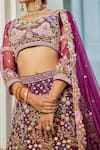 Samyukta Singhania_Burgundy Net Sequins, Embroidery Round Neck Floral Lehenga Set _Online_at_Aza_Fashions
