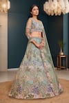 Buy_Samyukta Singhania_Green Net, Silk Sequins, Beads, Embroidery Round Neck Lehenga Set_Online_at_Aza_Fashions