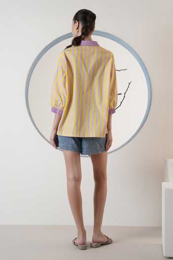 Shop_Surabhi Arya_Yellow Poplin Collared Striped Shirt _at_Aza_Fashions