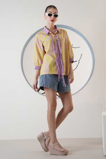 Surabhi Arya_Yellow Poplin Collared Striped Shirt _Online_at_Aza_Fashions