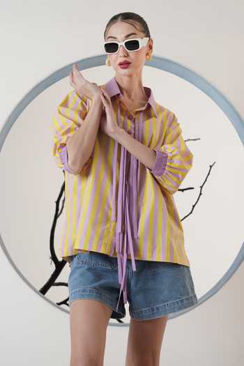 Buy_Surabhi Arya_Yellow Poplin Collared Striped Shirt _Online_at_Aza_Fashions