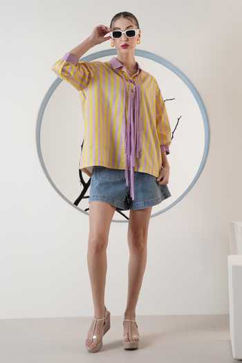 Buy_Surabhi Arya_Yellow Poplin Collared Striped Shirt _at_Aza_Fashions
