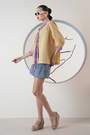 Surabhi Arya_Yellow Poplin Collared Striped Shirt _at_Aza_Fashions